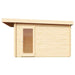 A side view of the GardenHouse24 USA ALU Concept 70E Garden Room features a single door with a tall window pane