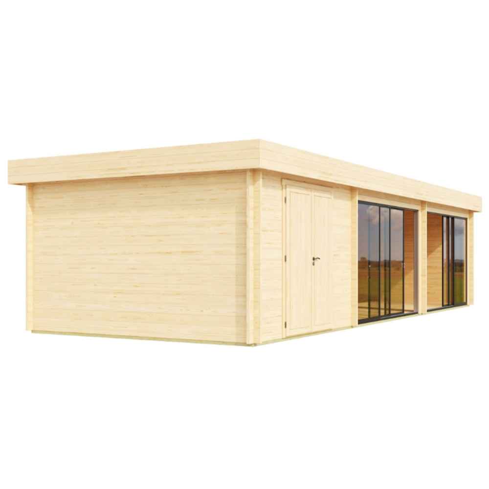 A side view of the GardenHouse24 USA ALU Concept 70L Garden Room highlights its light wood exterior with a single solid door and two large window sections