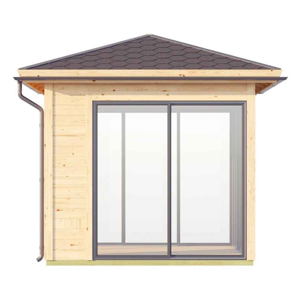 A side view of the GardenHouse24 USA Glaspavillon ALU 44D ISO Garden Room shows its natural wood exterior and large sliding glass doors framed in black