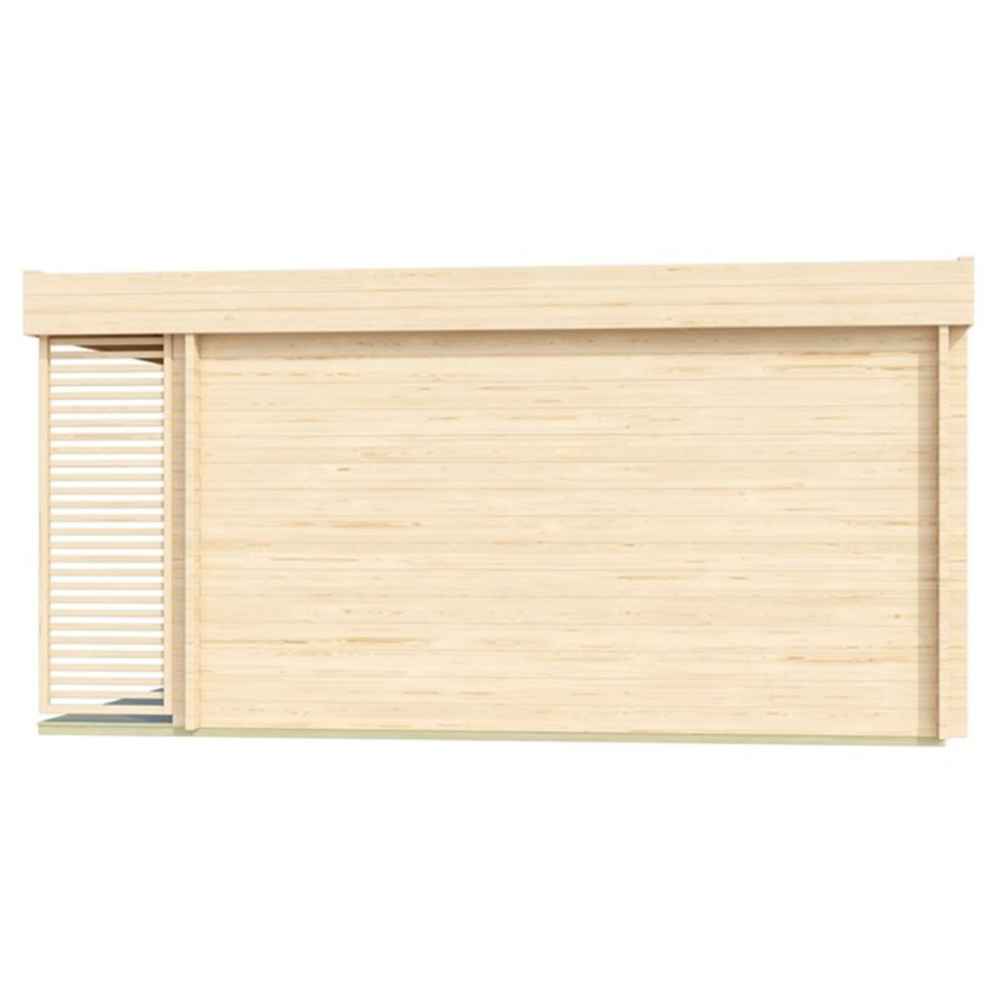 A side view of the GardenHouse24 USA Lisa 70B Garden Room displays a flat wooden wall with clean horizontal lines and a slatted corner detail