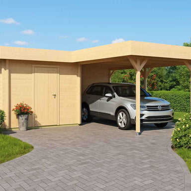 A silver SUV is neatly parked under a wooden GardenHouse24 USA Carport Kampen 44 Garden Room with an adjoining shed