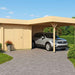 A silver SUV is neatly parked under a wooden GardenHouse24 USA Carport Kampen 44 Garden Room with an adjoining shed