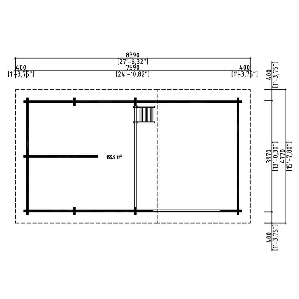 A simple floor plan layout showing interior divisions and dimensions for the GardenHouse24 USA Montreal 70 Garden Room