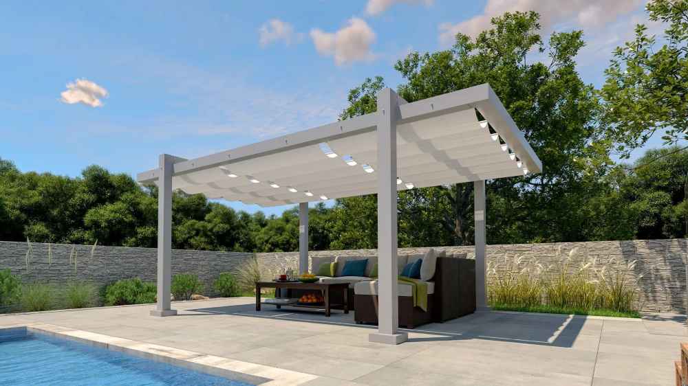 A sleek Structureworks Balance Trex Pergola with a clean white canopy shades a seating area on a stone patio with garden views and a pool nearby