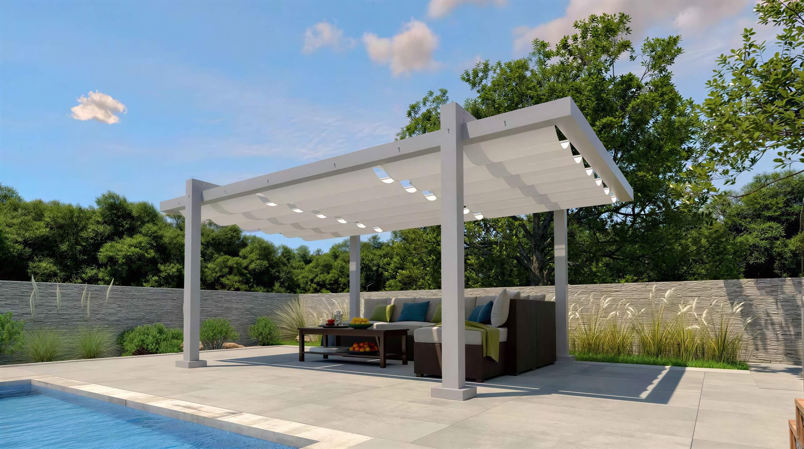 A sleek Structureworks Balance Trex Pergola with a clean white canopy shades a seating area on a stone patio with garden views and a pool nearby