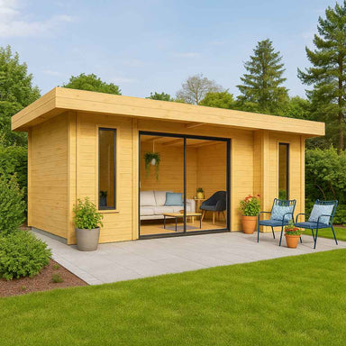 A sleek and compact GardenHouse24 USA ALU Concept 70Q Garden Room sits on a tiled patio with minimalist outdoor furniture and lush garden surroundings
