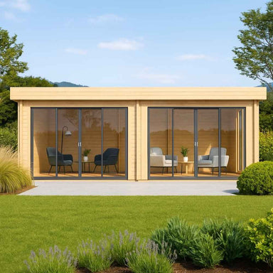 A sleek, modern GardenHouse24 USA ALU Concept Lounge 70B Garden Room with two large sections enclosed by full glass sliding doors and minimalistic seating inside