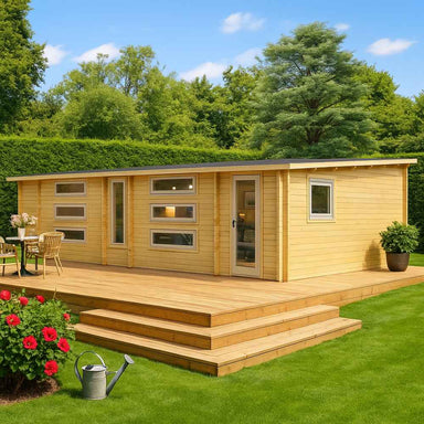 A sleek, modern light wood cabin with staggered horizontal windows and a small deck is the GardenHouse24 USA Dundee 90A Garden Room