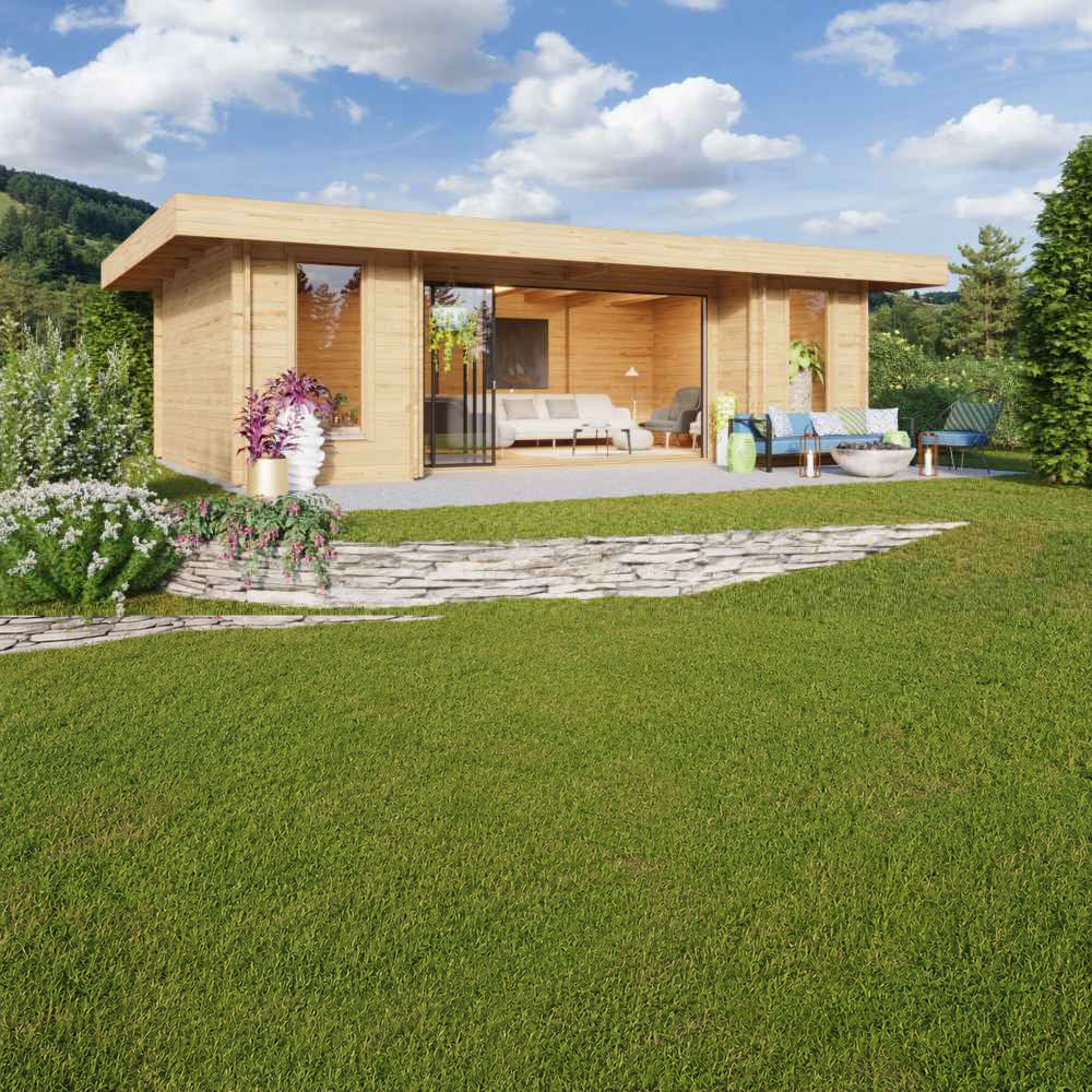 A sleek, modern wooden GardenHouse24 USA ALU Concept 44Q Garden Room with large glass sliding doors and outdoor seating is shown