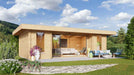 A sleek, modern wooden GardenHouse24 USA ALU Concept 44Q Garden Room with large glass sliding doors and outdoor seating is shown