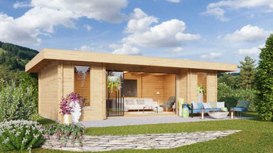 A sleek, modern wooden GardenHouse24 USA ALU Concept 44Q Garden Room with large glass sliding doors and outdoor seating is shown