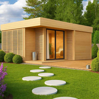 A sleek, modern wooden GardenHouse24 USA Sauna Giocoso 70 Garden Room with slatted paneling and large glass doors sits on a lush green lawn