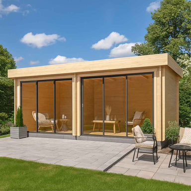 A sleek modern wooden structure with large glass sliding doors surrounded by greenery is the GardenHouse24 USA Lasse 44A ALU Garden Room