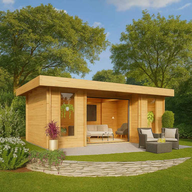 A sleek wooden GardenHouse24 USA ALU Concept 44Q Garden Room with floor-to-ceiling windows, minimalist furniture inside, and a cozy outdoor seating area on a stone-edged lawn