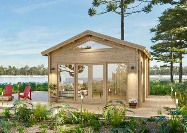 A small wooden cabin with glass doors and tall windows sits peacefully by a lake surrounded by greenery, part of the Sawmill Structures Edwin Lake House PLUS 70MM Garden Room