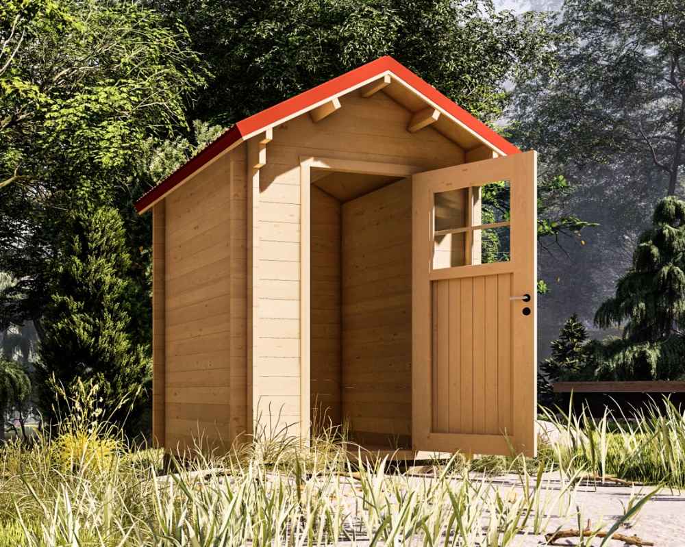 A small wooden shed with a red gabled roof and open door stands surrounded by tall grass and trees, representing the Sawmill Structures The Wee Wee House 33 Garden Room