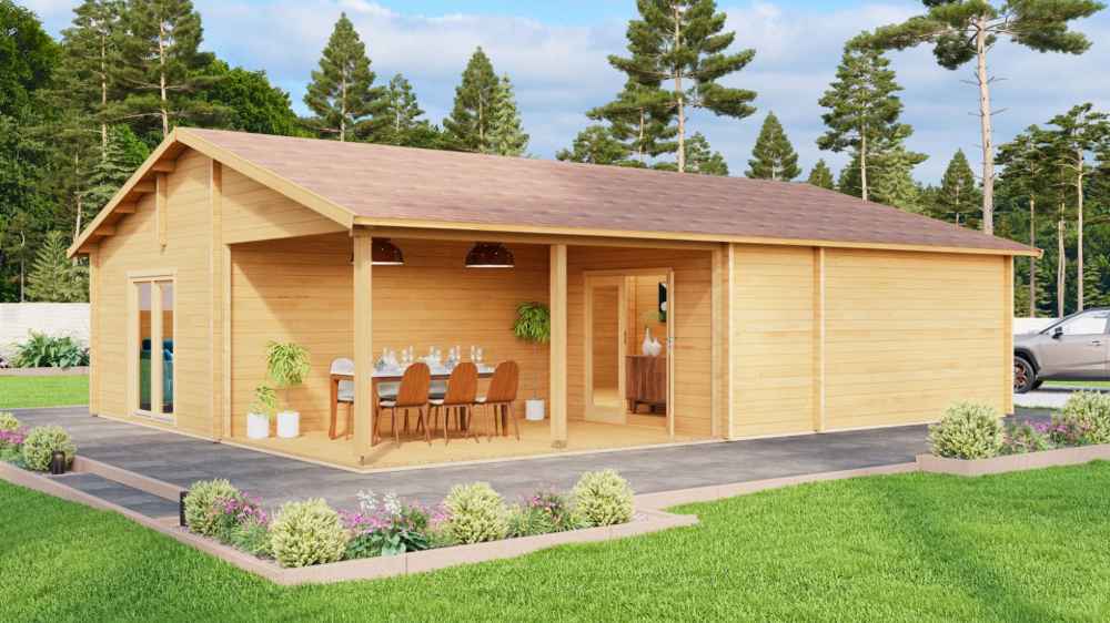 A spacious GardenHouse24 USA Bendy 70 Garden Room with a covered outdoor dining area and large glass doors
