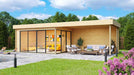 A spacious and modern GardenHouse24 USA ALU Concept 70A AB Garden Room features glass walls and an open lounge area beside a pool in a green backyard
