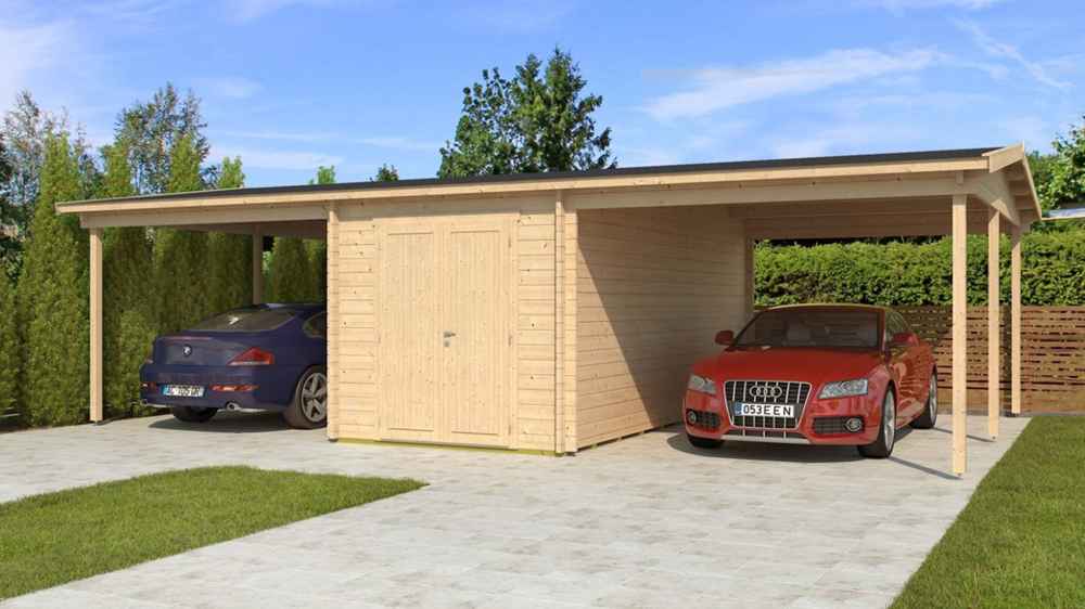 A spacious driveway leads up to the GardenHouse24 USA Carport Hans 70 Garden Room, which features two car bays and a central double-door storage shed