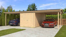 A spacious driveway leads up to the GardenHouse24 USA Carport Hans 70 Garden Room, which features two car bays and a central double-door storage shed