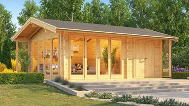 A spacious wooden GardenHouse24 USA Konrad 44 B Garden Room with a pitched roof, large glass doors, and a cozy, plant-filled interior