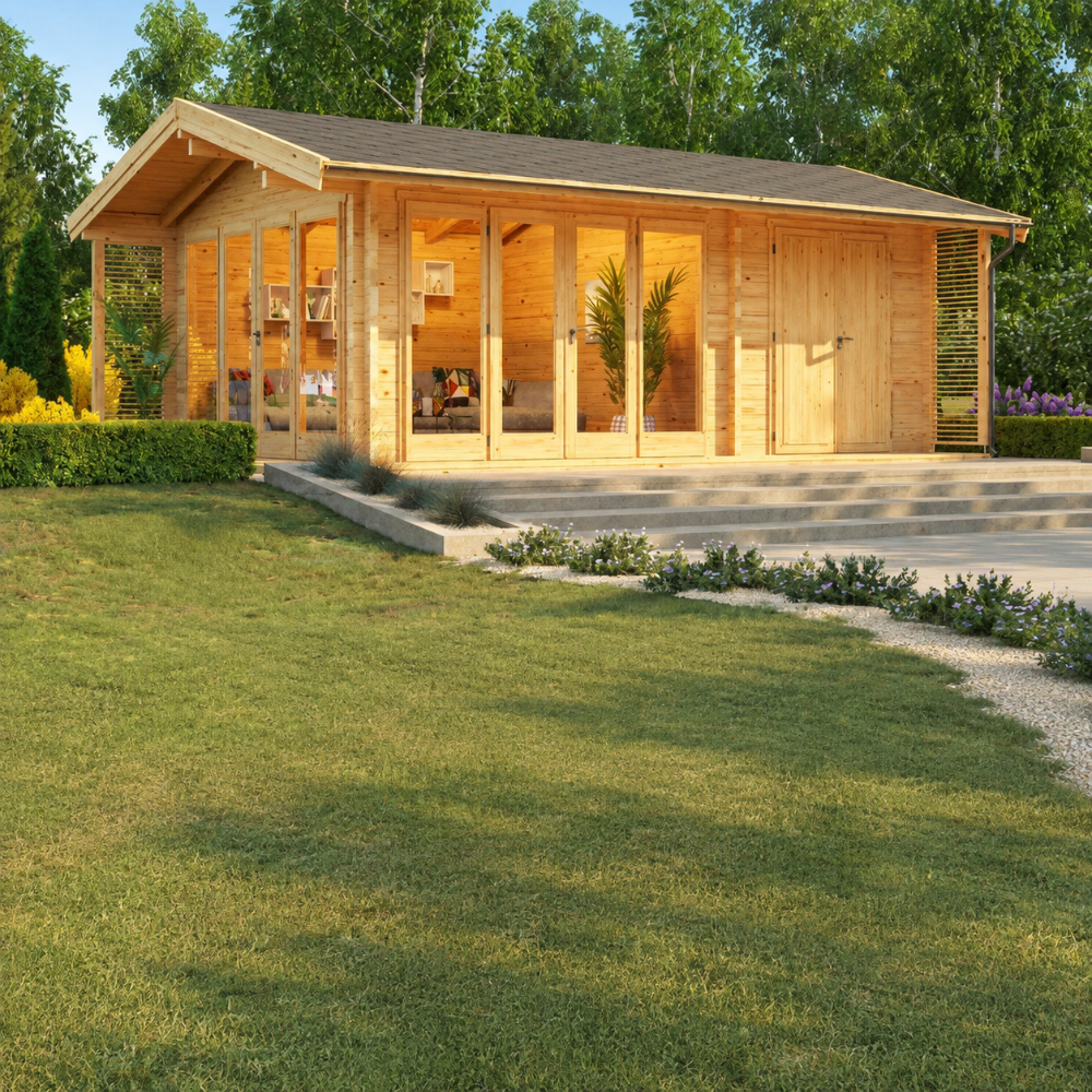 A spacious wooden GardenHouse24 USA Konrad 44 B Garden Room with a pitched roof, large glass doors, and a cozy, plant-filled interior