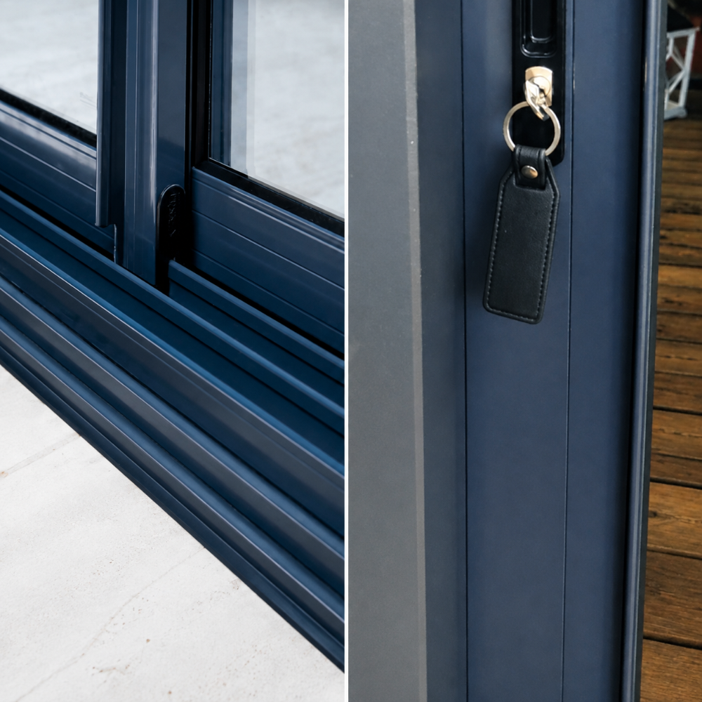 A split image highlights the bottom locking mechanism and key system used in the GardenHouse24 USA ALU Concept 44Q Garden Room for secure closure