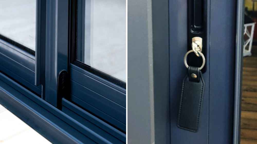 A split image highlights the bottom locking mechanism and key system used in the GardenHouse24 USA ALU Concept 44Q Garden Room for secure closure