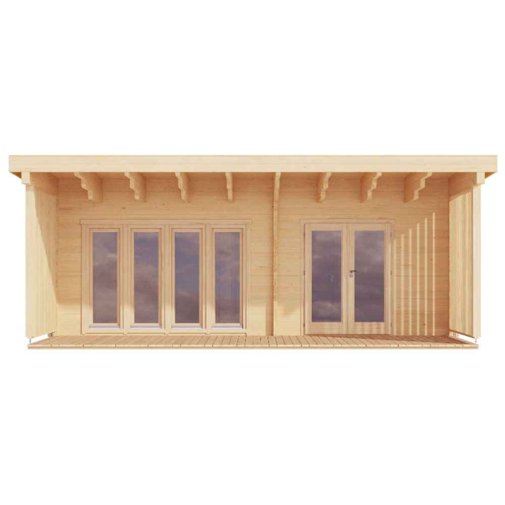 A straight-on architectural render of the GardenHouse24 USA Arhus 70 Garden Room shows its clean lines, full-length glass doors, and a covered wooden porch