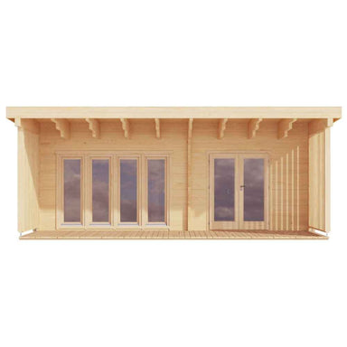 A straight-on architectural render of the GardenHouse24 USA Arhus 70 Garden Room shows its clean lines, full-length glass doors, and a covered wooden porch