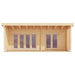 A straight-on architectural render of the GardenHouse24 USA Arhus 70 Garden Room shows its clean lines, full-length glass doors, and a covered wooden porch