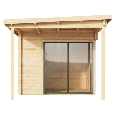 A straight-on front view of the GardenHouse24 USA ALU Concept 70F Garden Room highlights its wide sliding glass doors and covered wooden porch