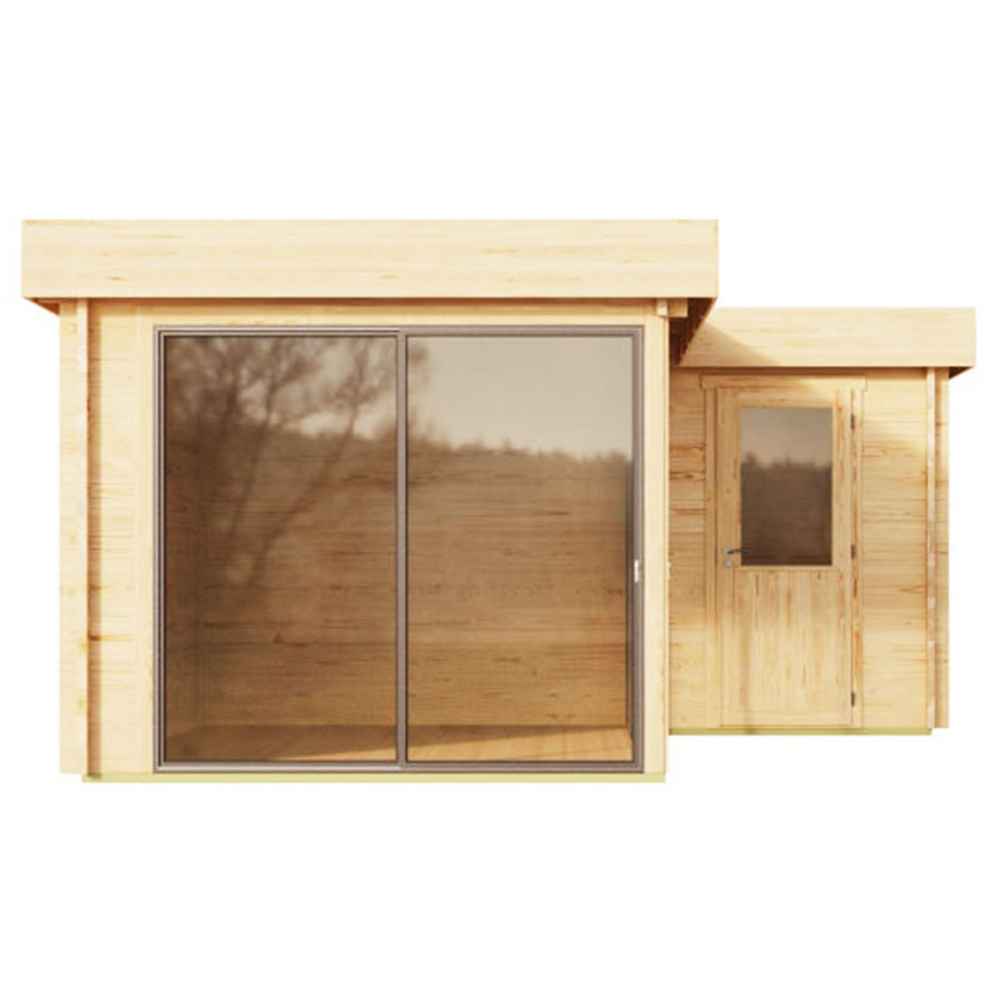 A straight-on rear view of the GardenHouse24 USA ALU Concept 70N Garden Room reveals its flat wooden facade with no visible openings or glass