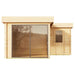 A straight-on rear view of the GardenHouse24 USA ALU Concept 70N Garden Room reveals its flat wooden facade with no visible openings or glass