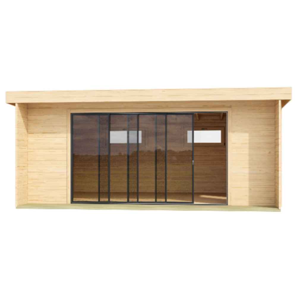 A straight-on view of the GardenHouse24 USA ALU Concept 70I Garden Room highlights its wide glass front and sleek flat roof