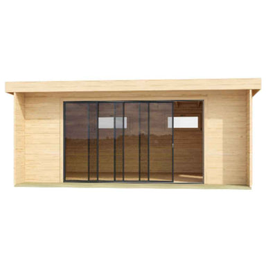 A straight-on view of the GardenHouse24 USA ALU Concept 70I Garden Room highlights its wide glass front and sleek flat roof