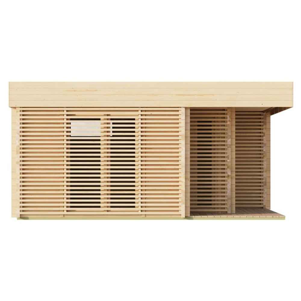 A straight-on view of the GardenHouse24 USA Sauna Giocoso 70 Garden Room highlights its clean-lined wooden slat facade and recessed entry