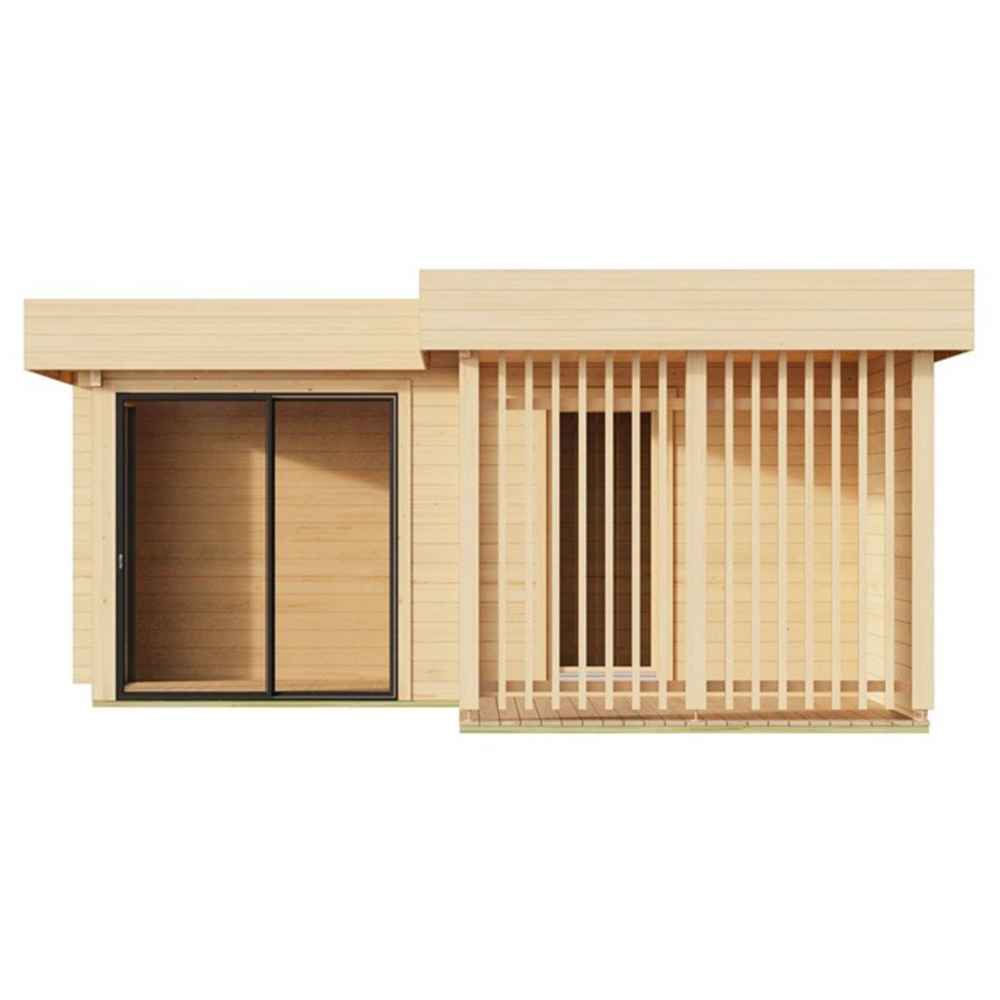 A straight-on view of the GardenHouse24 USA Sauna Piano 70 Garden Room presents a minimalist design with a wide glass door and vertical wooden slats for partial enclosure