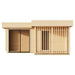 A straight-on view of the GardenHouse24 USA Sauna Piano 70 Garden Room presents a minimalist design with a wide glass door and vertical wooden slats for partial enclosure