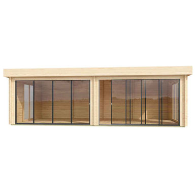 A straight-on view of the structure’s front reveals twin sets of full glass sliding doors on the GardenHouse24 USA ALU Concept Lounge 70B Garden Room