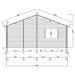 A structural diagram of the GardenHouse24 USA Granny Flat Malta Garden Room shows wall framing and roof angles in a front elevation drawing