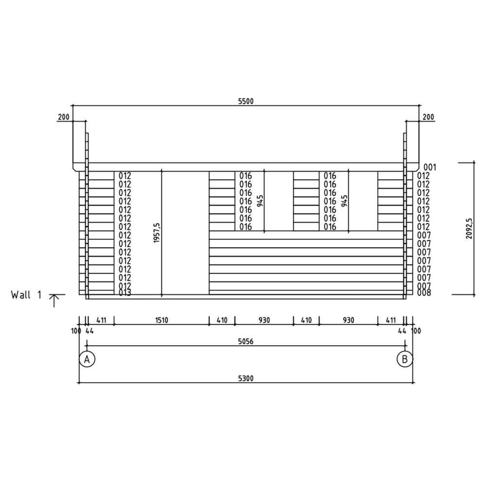 A structural drawing from the longer wall side provides detailed construction measurements for the GardenHouse24 USA Miriam 44A Classic Garden Room with multiple window openings