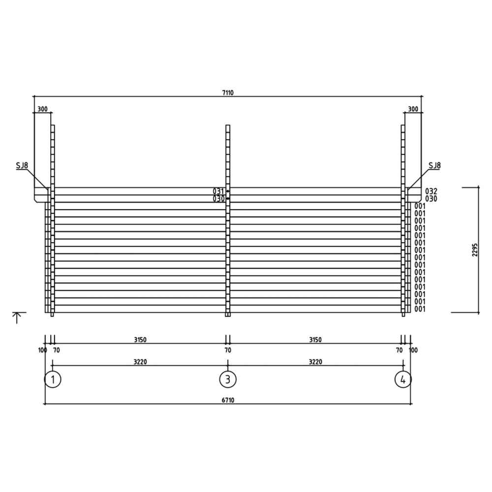 A structural drawing of the GardenHouse24 USA Hedland 70 Garden Room highlights its horizontal wooden log layout and precise wall measurements
