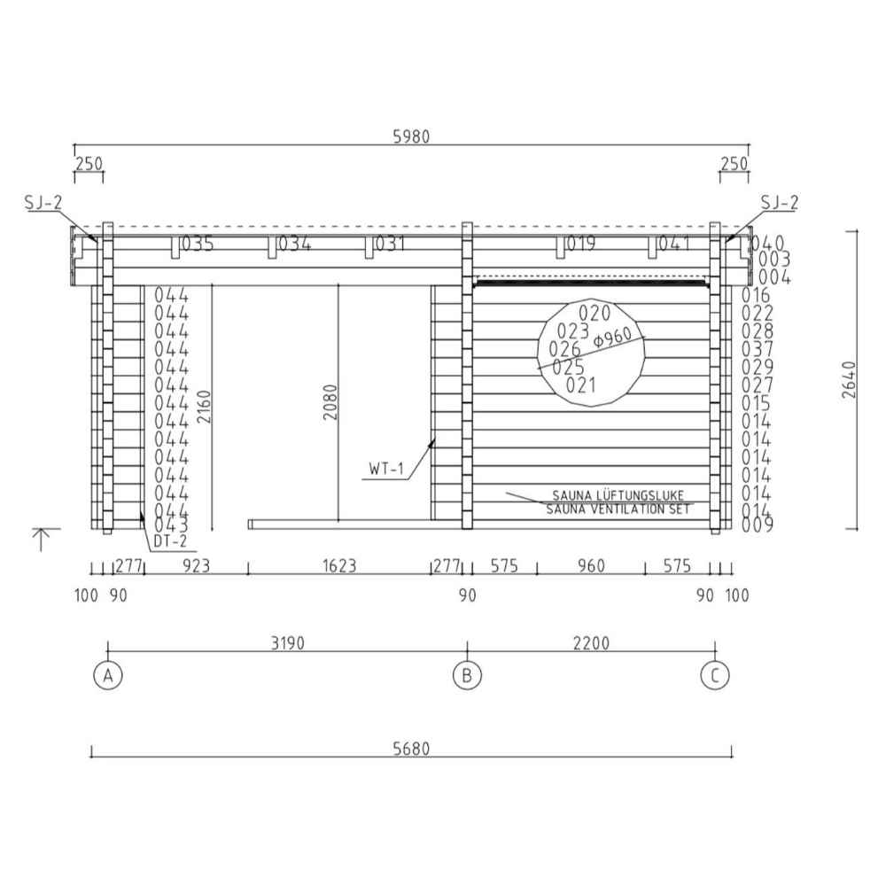A structural front elevation blueprint of the GardenHouse24 USA Sauna Sirpa 90 Garden Room illustrates the door and circular window placement with precise measurements