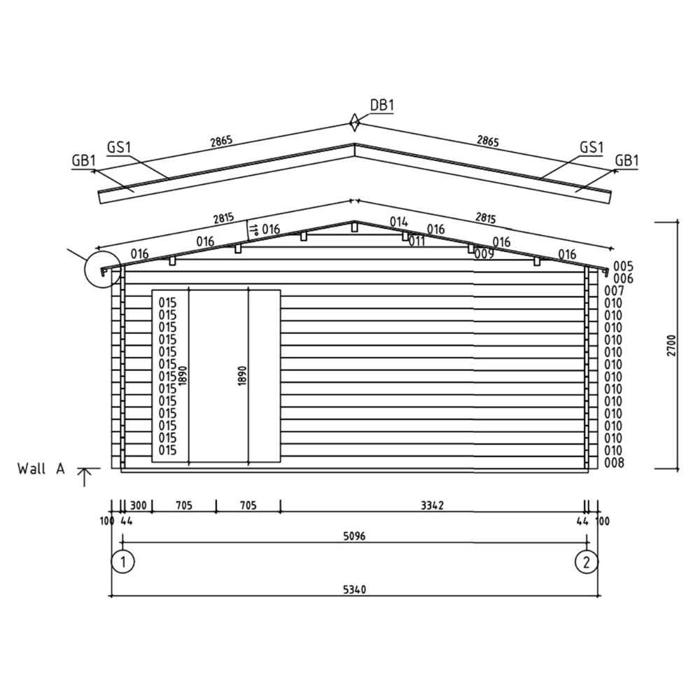 A structural side diagram displays the GardenHouse24 USA Davos 44B Garden Room’s gabled roof with exact dimensions and wooden panel layout