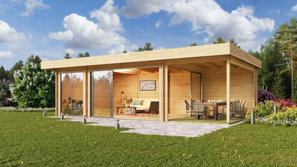 A stylish wooden GardenHouse24 USA ALU Concept 44O Garden Room with large glass sliding doors and an open terrace is shown sitting in a lush green yard