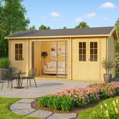 A stylish wooden GardenHouse24 USA Mikelli 44 Garden Room with large glass sliding doors, a cozy sofa inside, and a well-landscaped garden in front