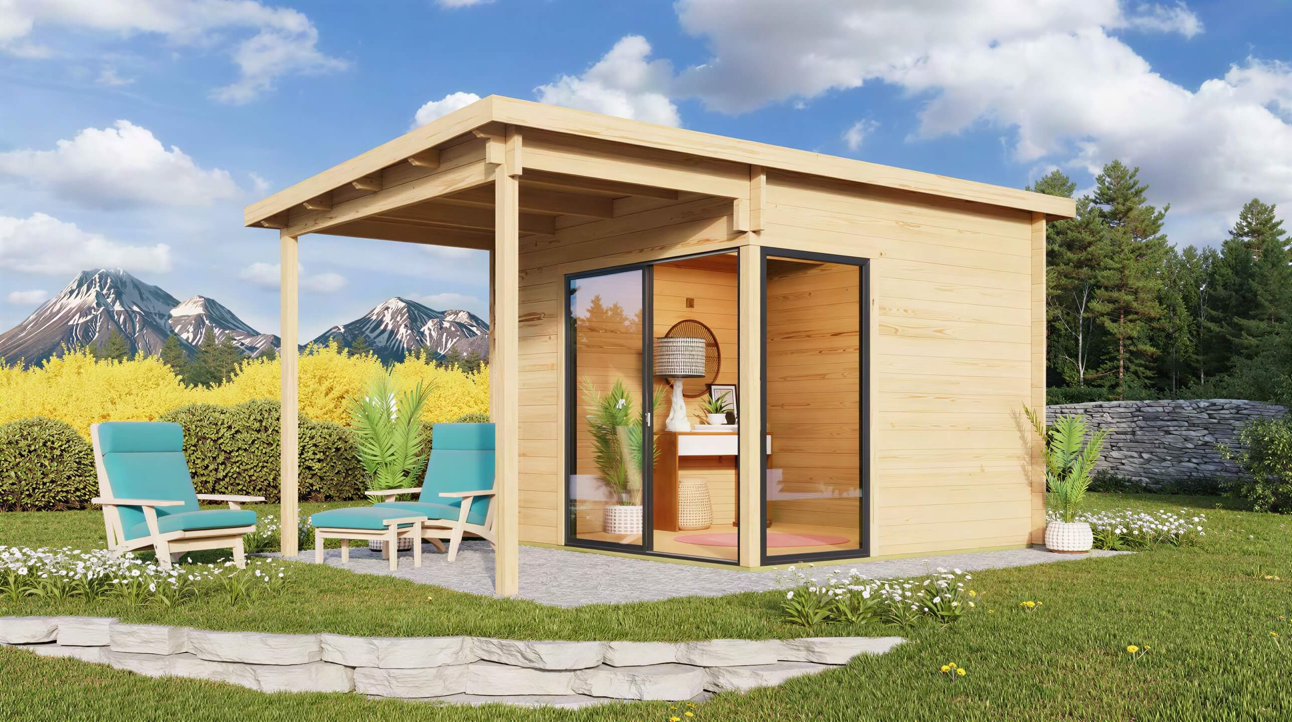 A stylish wooden cabin with a slanted roof and large glass doors stands in a lush garden with mountain views, showcasing the GardenHouse24 USA ALU Concept 70F Garden Room