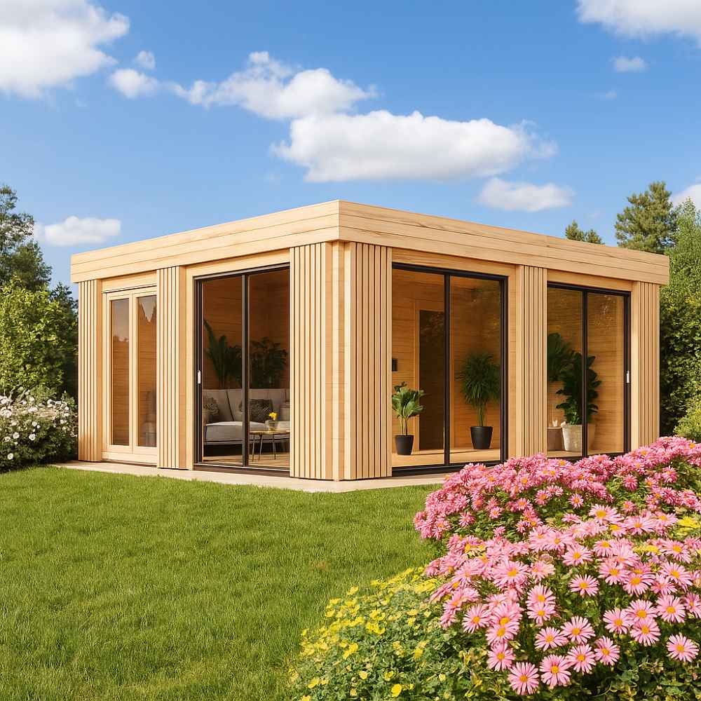 A stylish wooden cube-shaped GardenHouse24 USA Sauna Dolce 70 Garden Room with large glass sliding doors sits in a lush garden