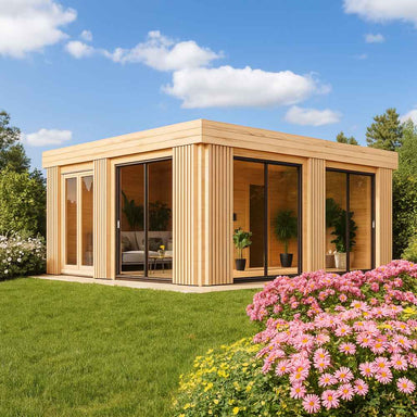 A stylish wooden cube-shaped GardenHouse24 USA Sauna Dolce 70 Garden Room with large glass sliding doors sits in a lush garden